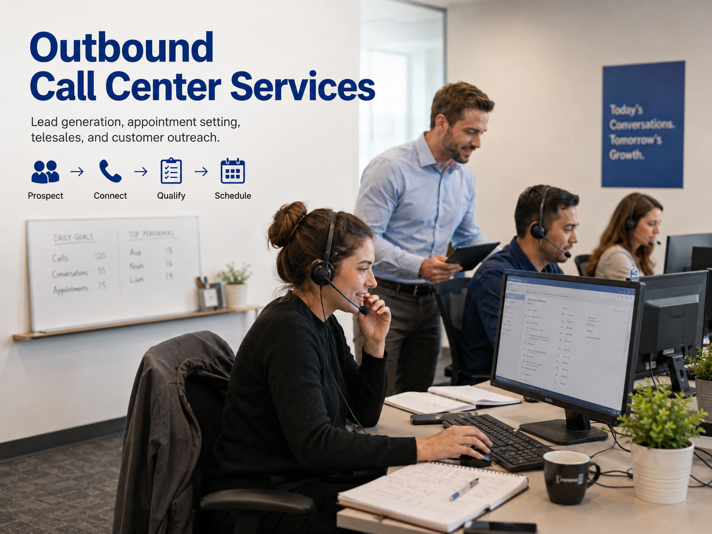 Outbound call center agents managing structured outreach campaigns for European markets